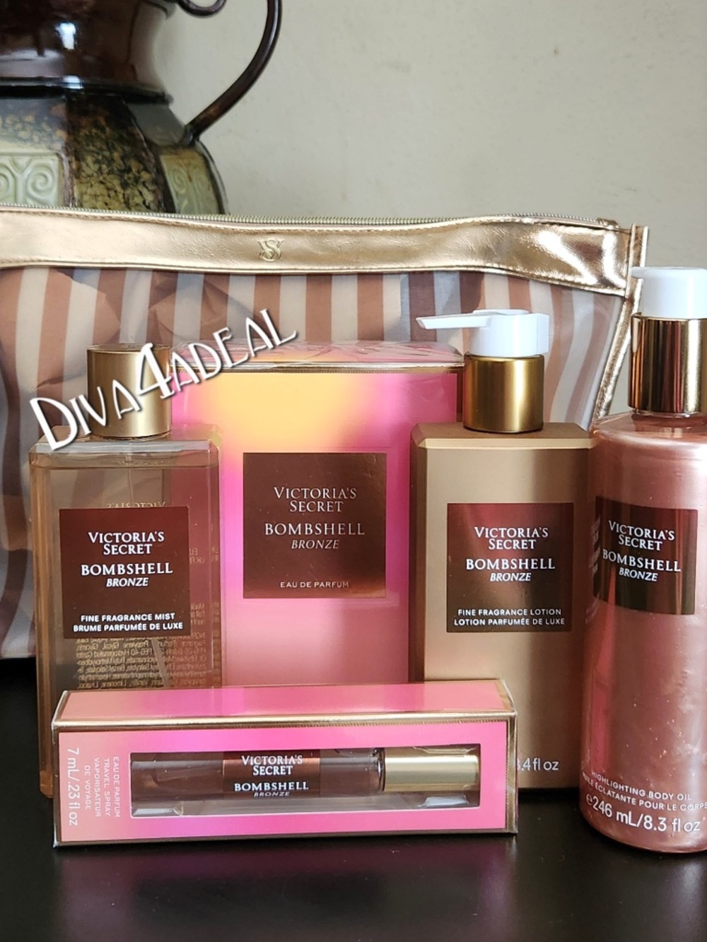 Victoria’s Secret BOMBSHELL BRONZE 3.4 FL OZ & Mini/Travel Spray 6PC Bundle